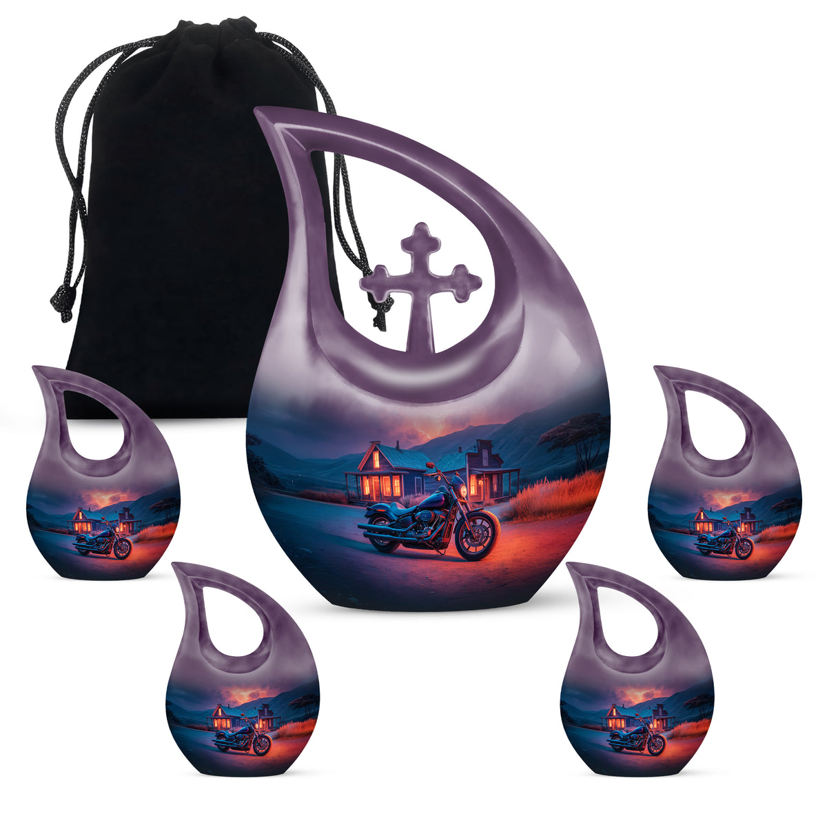 Misty Blue Bike Cremation Urn urn with complimentary velvet bag - sacred cross merged with bike motif on metal - memorial set with one large and four small urns