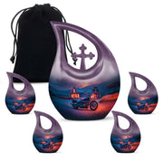 Misty Blue Bike Cremation Urn urn with complimentary velvet bag - sacred cross merged with bike motif on metal - memorial set with one large and four small urns