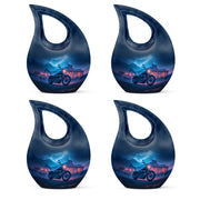 Dusty Blue Bike Cremation Urn lifestyle display on memorial shelf - cross and bike combined in spiritual memorial design - 10 inch aluminum urn for cremated remains