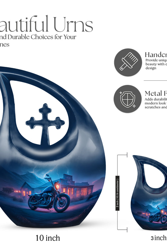 Azure Bike Cremation Urn back view with polished surface - sacred cross merged with bike motif on metal - mini keepsake memorial for portion of cremation ashes