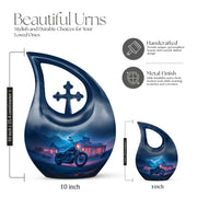 Azure Bike Cremation Urn back view with polished surface - sacred cross merged with bike motif on metal - mini keepsake memorial for portion of cremation ashes