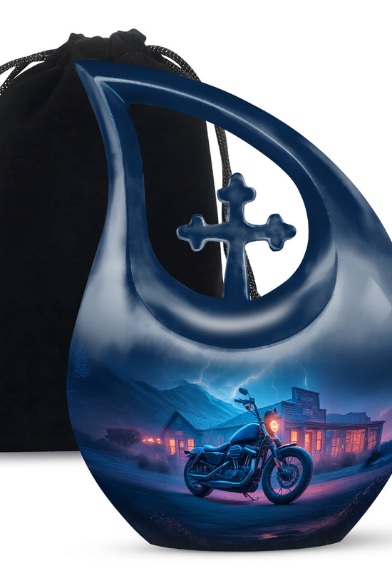 Powder Blue Bike Cremation Urn top-down view of secure threaded lid - cross and bike combined in spiritual memorial design - full-size 10 inch 200 cubic inch adult cremation urn