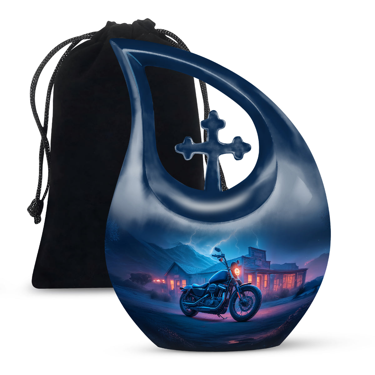 Powder Blue Bike Cremation Urn top-down view of secure threaded lid - cross and bike combined in spiritual memorial design - full-size 10 inch 200 cubic inch adult cremation urn