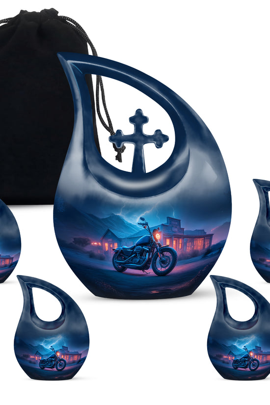 Soft Blue Bike Cremation Urn urn with complimentary velvet bag - faith-inspired cross-drop urn with bike pattern - memorial set with one large and four small urns