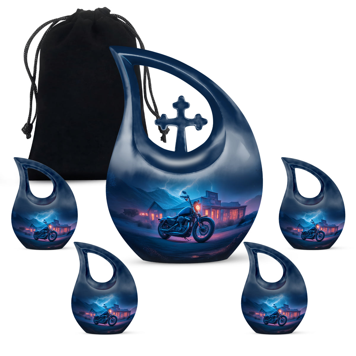Soft Blue Bike Cremation Urn urn with complimentary velvet bag - faith-inspired cross-drop urn with bike pattern - memorial set with one large and four small urns