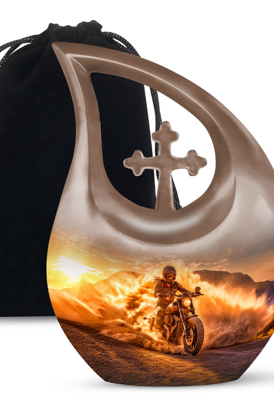 Warm Gold Bike Cremation Urn top-down view of secure threaded lid - devotional cross-drop bike engraving - full-size 10 inch 200 cubic inch adult cremation urn