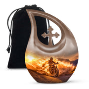 Warm Gold Bike Cremation Urn top-down view of secure threaded lid - devotional cross-drop bike engraving - full-size 10 inch 200 cubic inch adult cremation urn