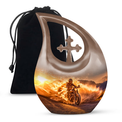 Warm Gold Bike Cremation Urn top-down view of secure threaded lid - devotional cross-drop bike engraving - full-size 10 inch 200 cubic inch adult cremation urn