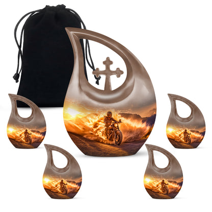 Sunrise Gold Bike Cremation Urn urn with complimentary velvet bag - cross and bike combined in spiritual memorial design - memorial set with one large and four small urns