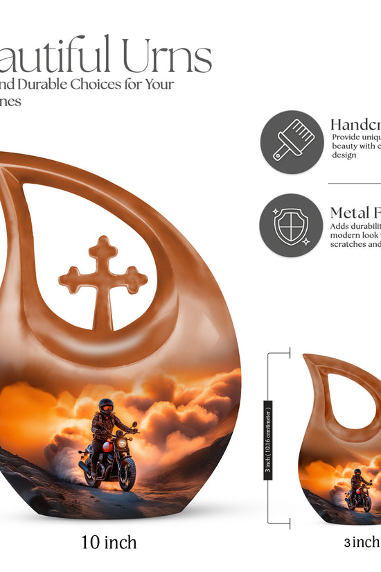 Champagne Gold Bike Cremation Urn back view with polished surface - sacred cross merged with bike motif on metal - mini keepsake memorial for portion of cremation ashes