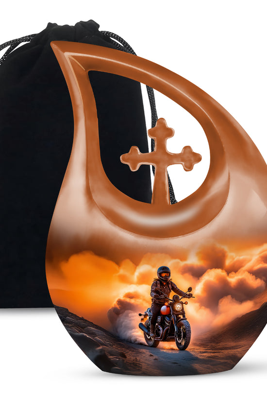 Warm Gold Bike Cremation Urn top-down view of secure threaded lid - devotional cross-drop bike engraving - full-size 10 inch 200 cubic inch adult cremation urn
