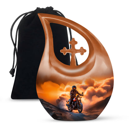 Warm Gold Bike Cremation Urn top-down view of secure threaded lid - devotional cross-drop bike engraving - full-size 10 inch 200 cubic inch adult cremation urn