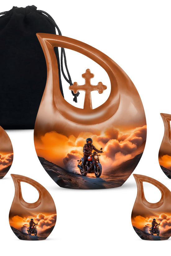 Warm Gold Bike Cremation Urn urn with complimentary velvet bag - devotional cross-drop bike engraving - memorial set with one large and four small urns
