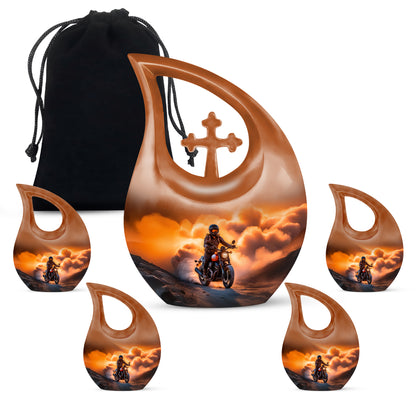 Warm Gold Bike Cremation Urn urn with complimentary velvet bag - devotional cross-drop bike engraving - memorial set with one large and four small urns
