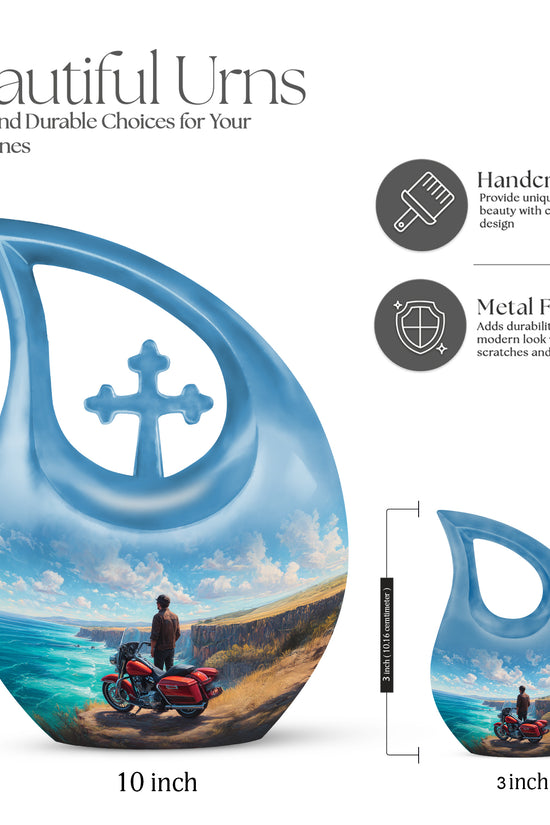 Soft Blue Bike Cremation Urn back view with polished surface - devotional cross-drop bike engraving - mini keepsake memorial for portion of cremation ashes