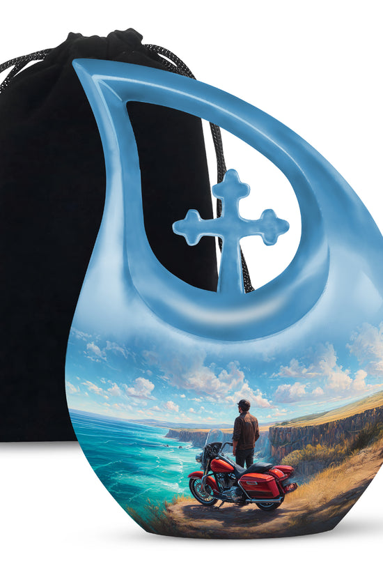Icy Blue Bike Cremation Urn top-down view of secure threaded lid - cross and bike combined in spiritual memorial design - full-size 10 inch 200 cubic inch adult cremation urn