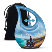 Icy Blue Bike Cremation Urn top-down view of secure threaded lid - cross and bike combined in spiritual memorial design - full-size 10 inch 200 cubic inch adult cremation urn
