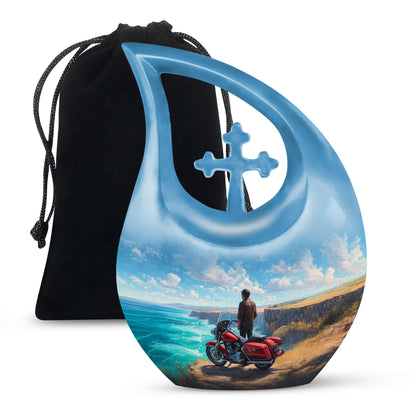 Icy Blue Bike Cremation Urn top-down view of secure threaded lid - cross and bike combined in spiritual memorial design - full-size 10 inch 200 cubic inch adult cremation urn
