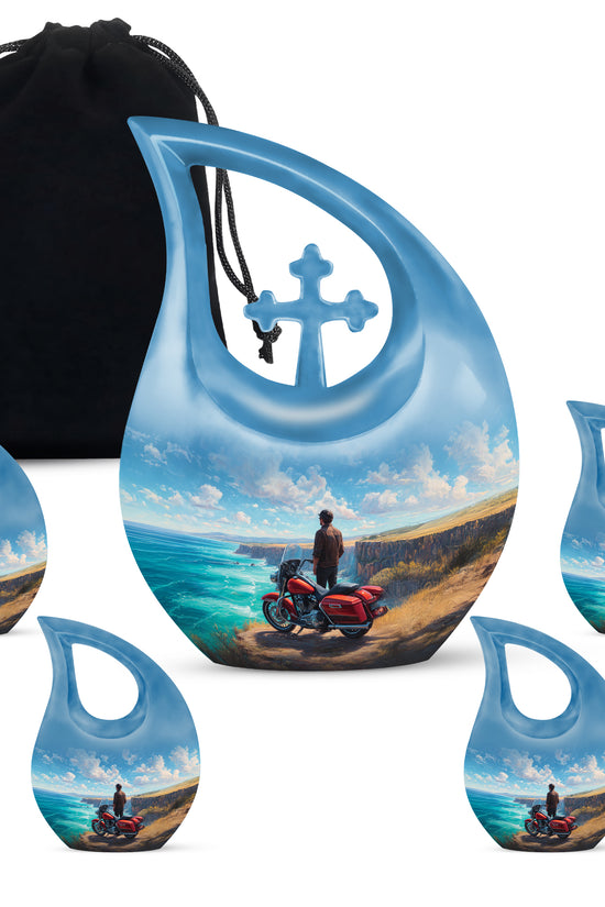 Sky Blue Bike Cremation Urn urn with complimentary velvet bag - cross and bike combined in spiritual memorial design - memorial set with one large and four small urns