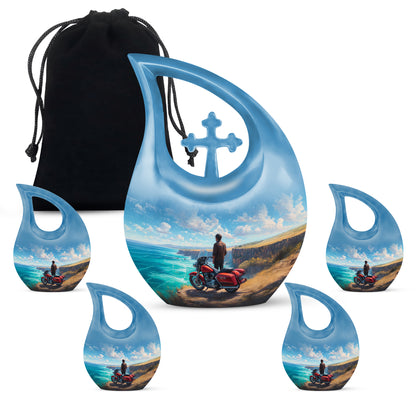 Sky Blue Bike Cremation Urn urn with complimentary velvet bag - cross and bike combined in spiritual memorial design - memorial set with one large and four small urns
