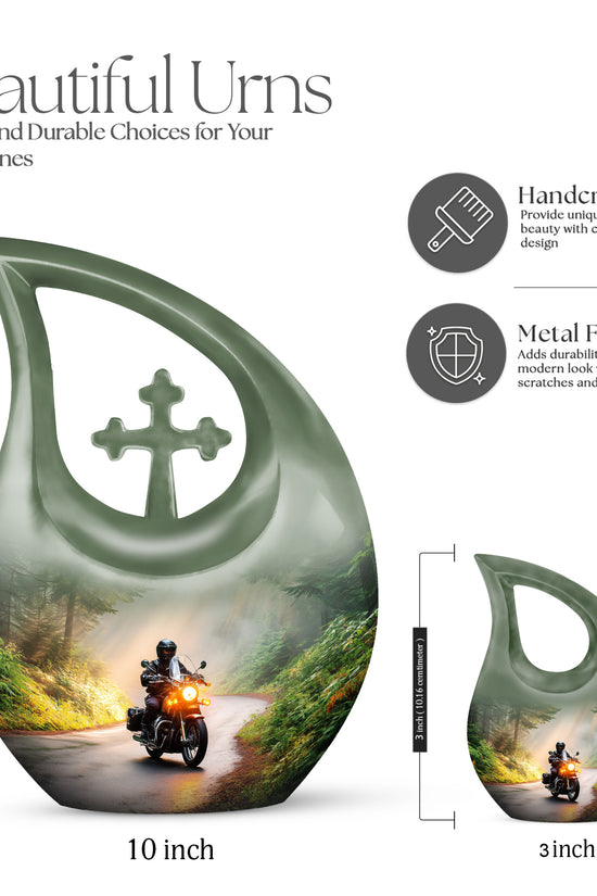 Amber Gold Bike Cremation Urn back view with polished surface - cross and bike combined in spiritual memorial design - mini keepsake memorial for portion of cremation ashes