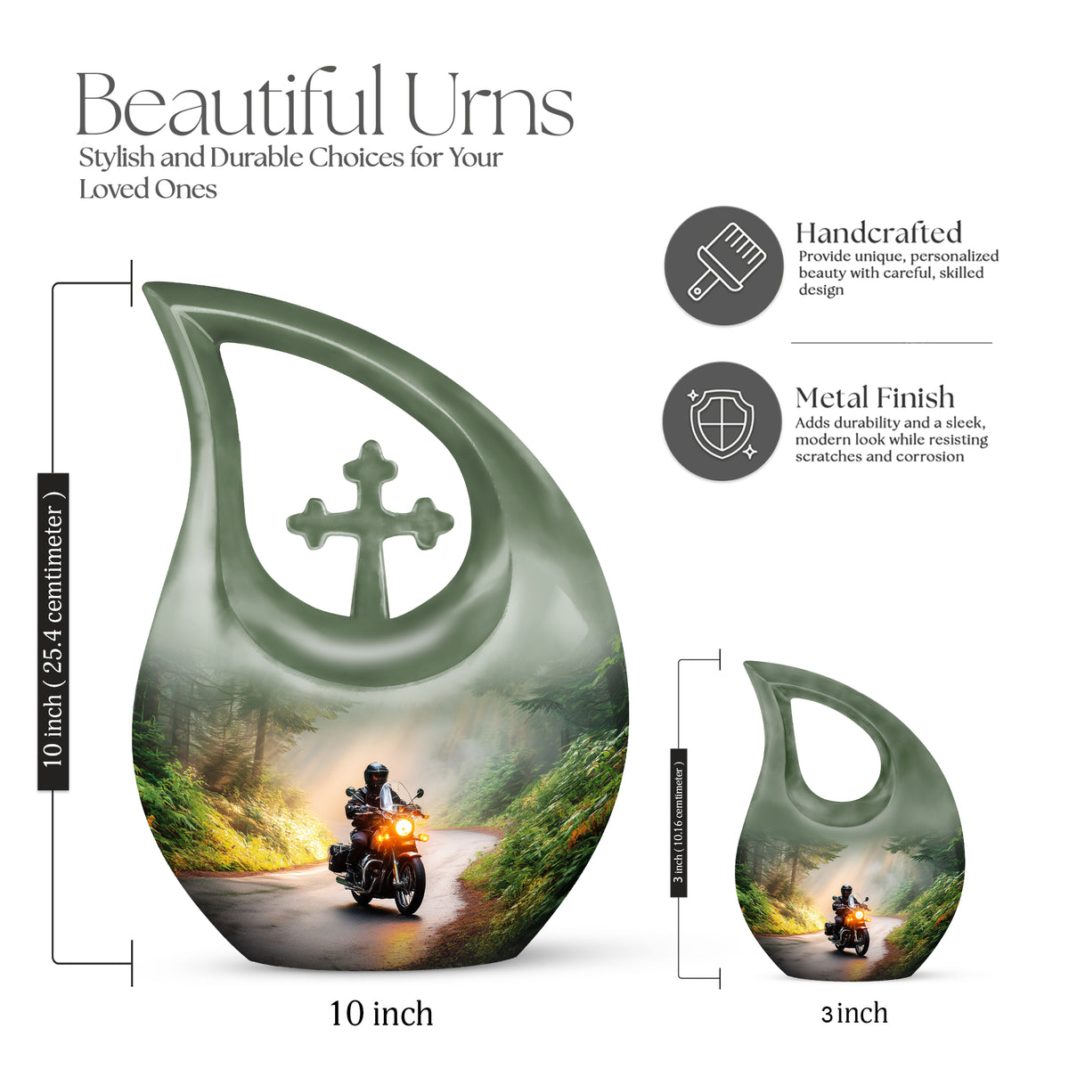 Amber Gold Bike Cremation Urn back view with polished surface - cross and bike combined in spiritual memorial design - mini keepsake memorial for portion of cremation ashes