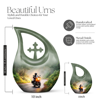 Amber Gold Bike Cremation Urn back view with polished surface - cross and bike combined in spiritual memorial design - mini keepsake memorial for portion of cremation ashes