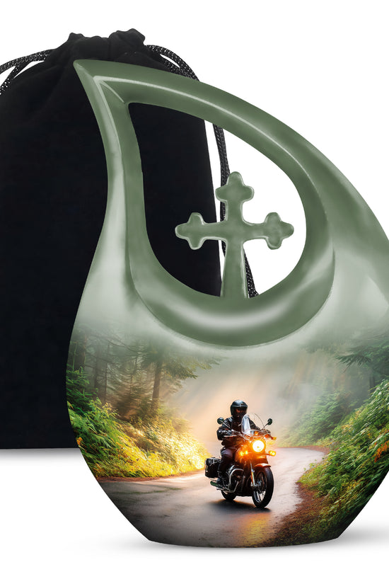 Royal Gold Bike Cremation Urn top-down view of secure threaded lid - devotional cross-drop bike engraving - full-size 10 inch 200 cubic inch adult cremation urn