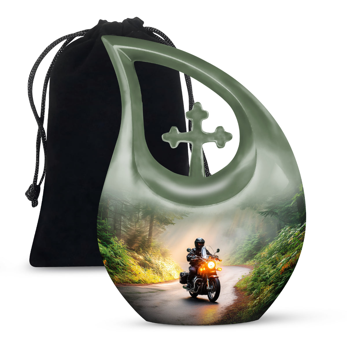 Royal Gold Bike Cremation Urn top-down view of secure threaded lid - devotional cross-drop bike engraving - full-size 10 inch 200 cubic inch adult cremation urn