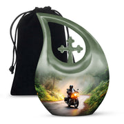 Royal Gold Bike Cremation Urn top-down view of secure threaded lid - devotional cross-drop bike engraving - full-size 10 inch 200 cubic inch adult cremation urn