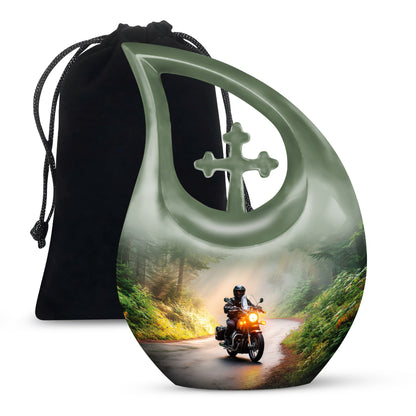 Royal Gold Bike Cremation Urn top-down view of secure threaded lid - devotional cross-drop bike engraving - full-size 10 inch 200 cubic inch adult cremation urn