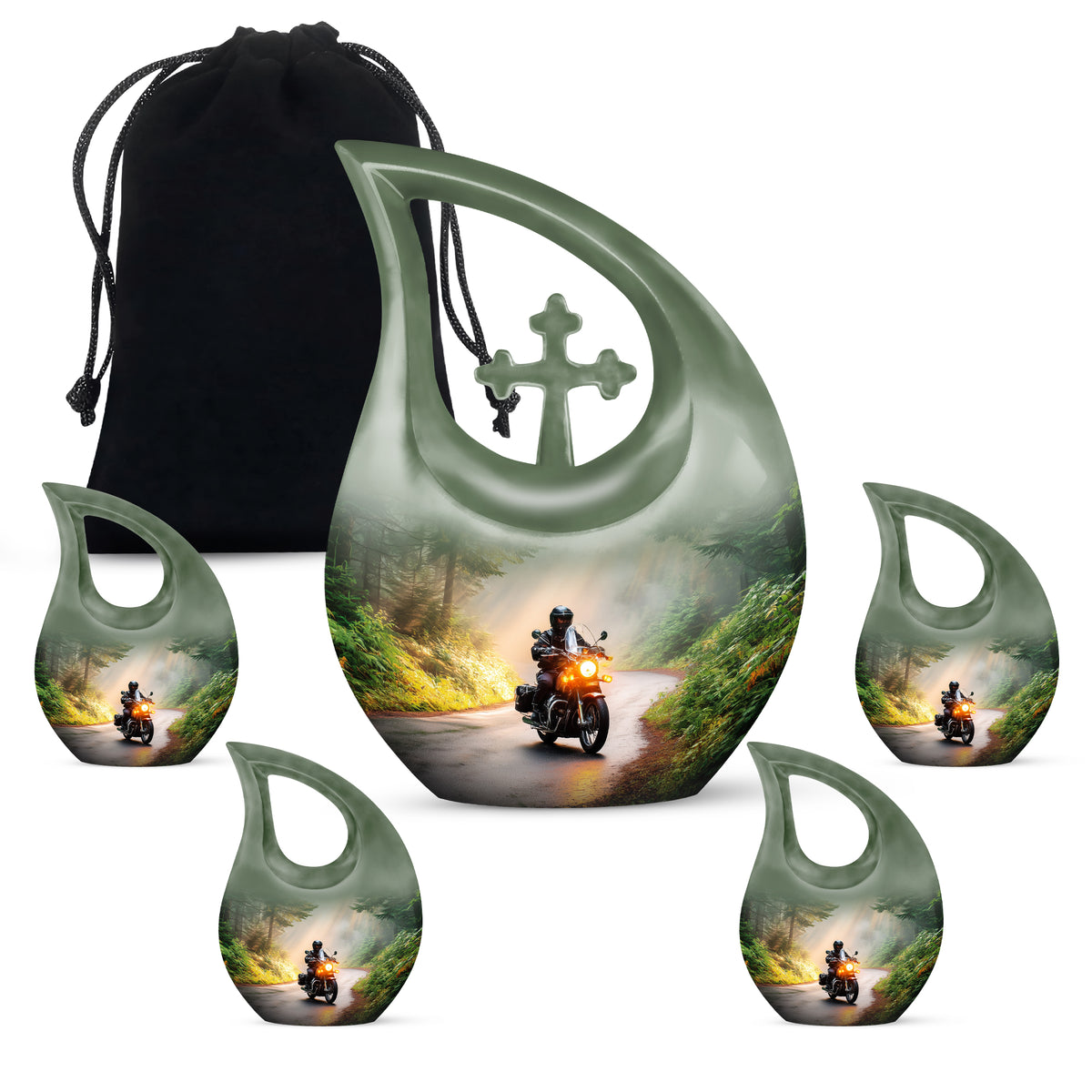 Gilded Gold Bike Cremation Urn urn with complimentary velvet bag - cross and bike combined in spiritual memorial design - memorial set with one large and four small urns
