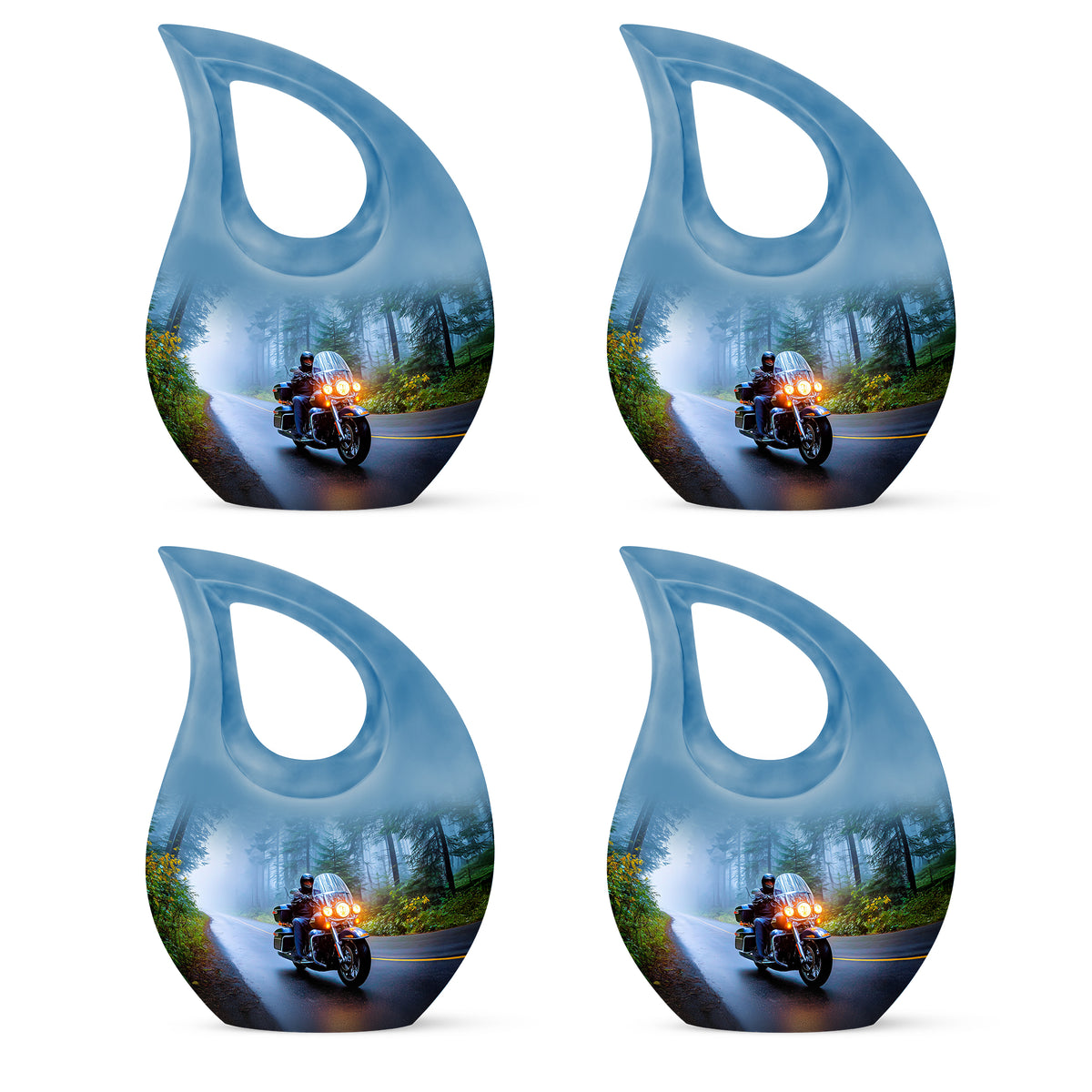 Cobalt Blue Bike Cremation Urn lifestyle display on memorial shelf - faith-inspired cross-drop urn with bike pattern - 10 inch aluminum urn for cremated remains