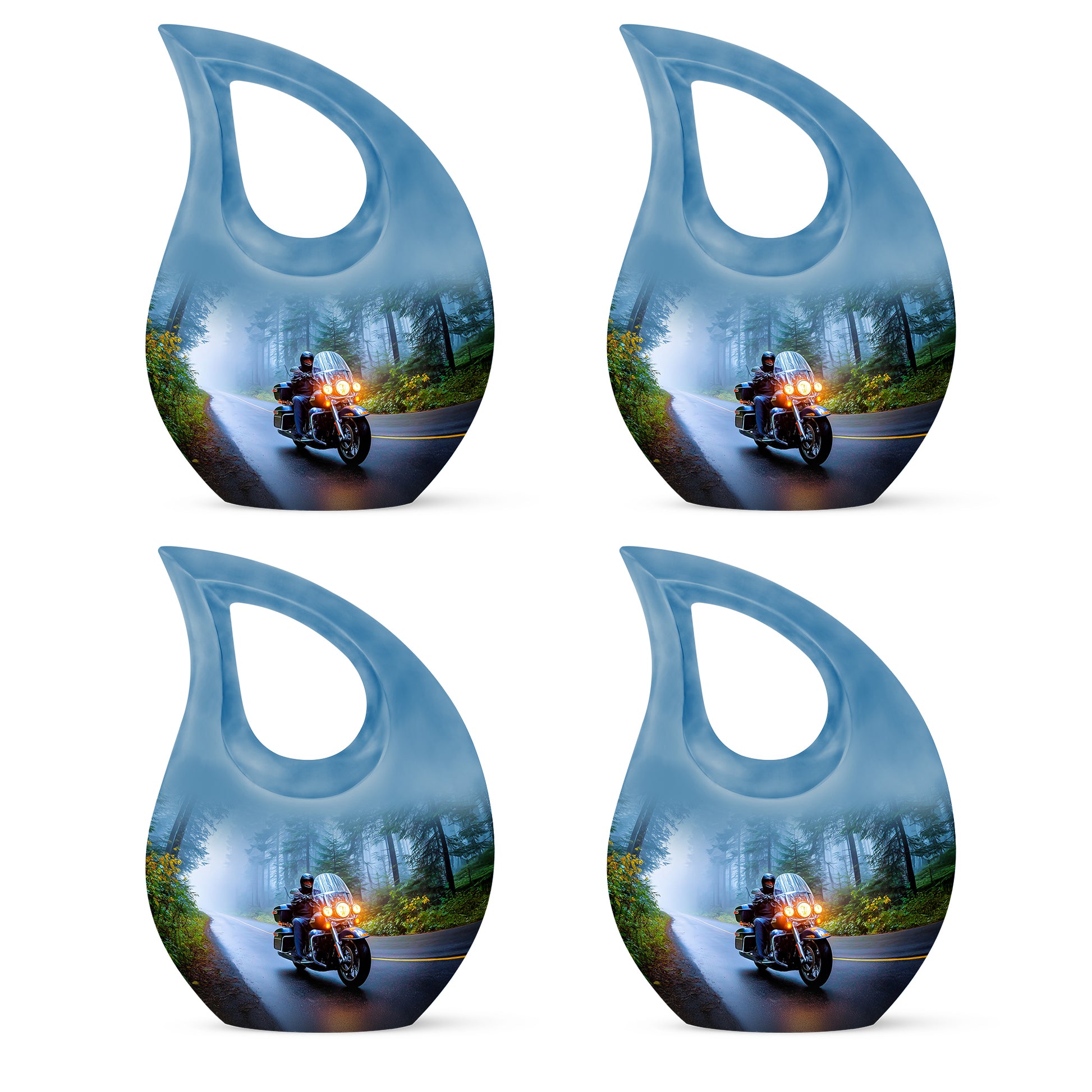 Cobalt Blue Bike Cremation Urn lifestyle display on memorial shelf - faith-inspired cross-drop urn with bike pattern - 10 inch aluminum urn for cremated remains