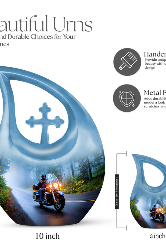 Cobalt Blue Bike Cremation Urn back view with polished surface - devotional cross-drop bike engraving - mini keepsake memorial for portion of cremation ashes