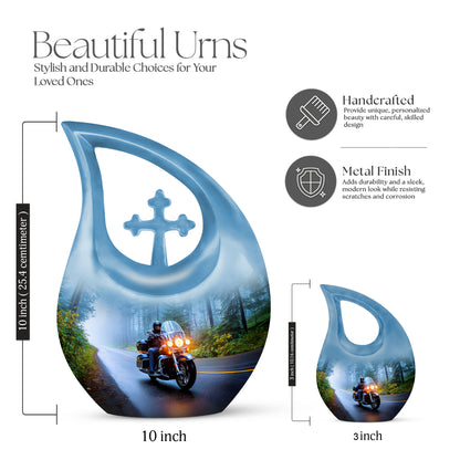Cobalt Blue Bike Cremation Urn back view with polished surface - devotional cross-drop bike engraving - mini keepsake memorial for portion of cremation ashes