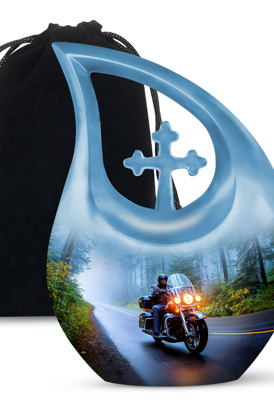 Slate Blue Bike Cremation Urn top-down view of secure threaded lid - cross and bike combined in spiritual memorial design - full-size 10 inch 200 cubic inch adult cremation urn