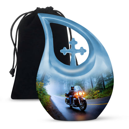 Slate Blue Bike Cremation Urn top-down view of secure threaded lid - cross and bike combined in spiritual memorial design - full-size 10 inch 200 cubic inch adult cremation urn
