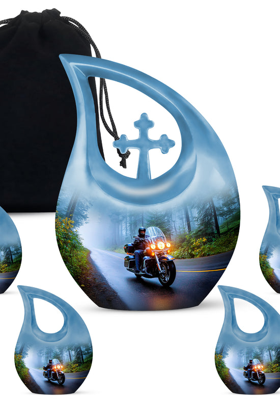 Twilight Blue Bike Cremation Urn urn with complimentary velvet bag - faith-inspired cross-drop urn with bike pattern - memorial set with one large and four small urns
