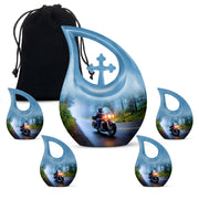 Twilight Blue Bike Cremation Urn urn with complimentary velvet bag - faith-inspired cross-drop urn with bike pattern - memorial set with one large and four small urns
