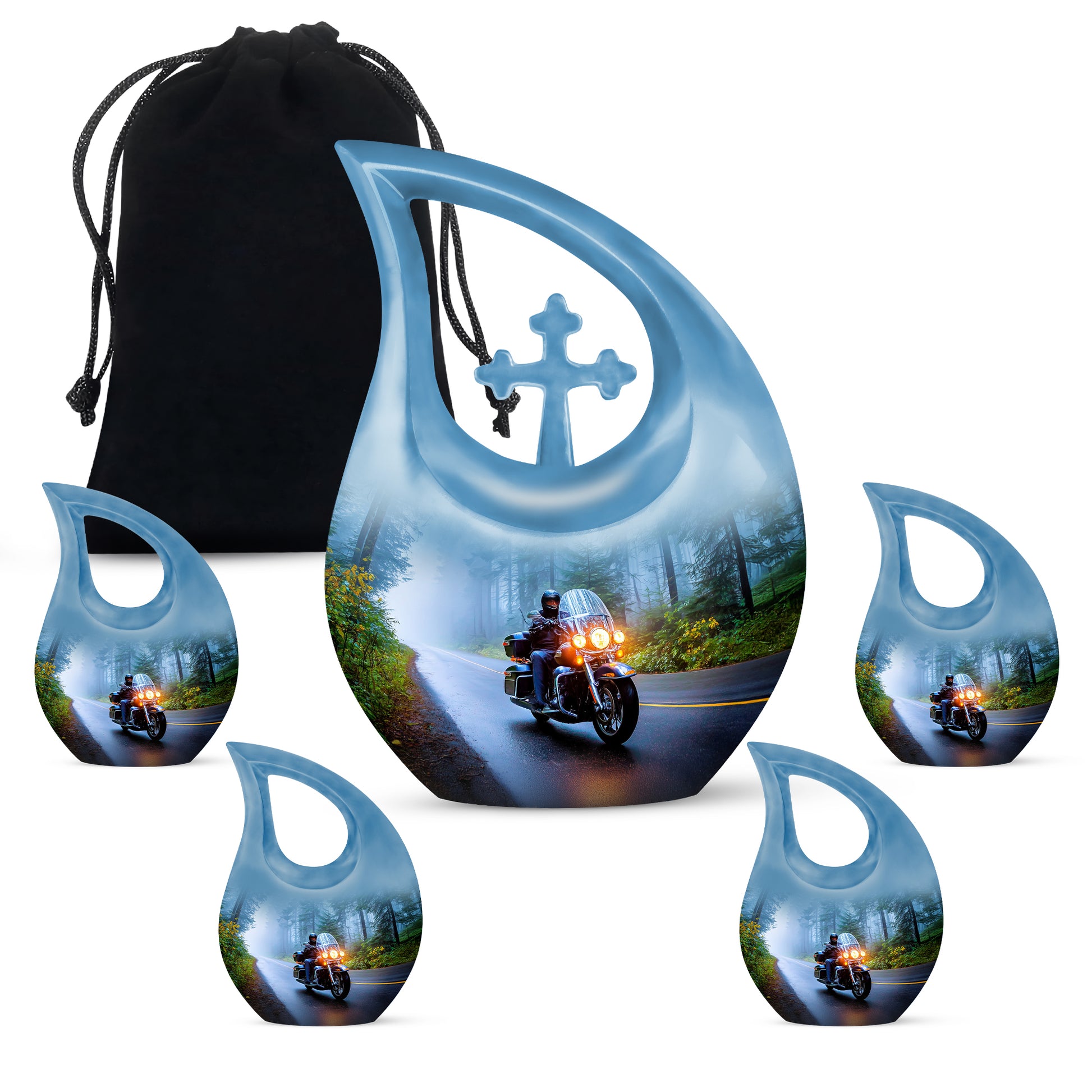Twilight Blue Bike Cremation Urn urn with complimentary velvet bag - faith-inspired cross-drop urn with bike pattern - memorial set with one large and four small urns
