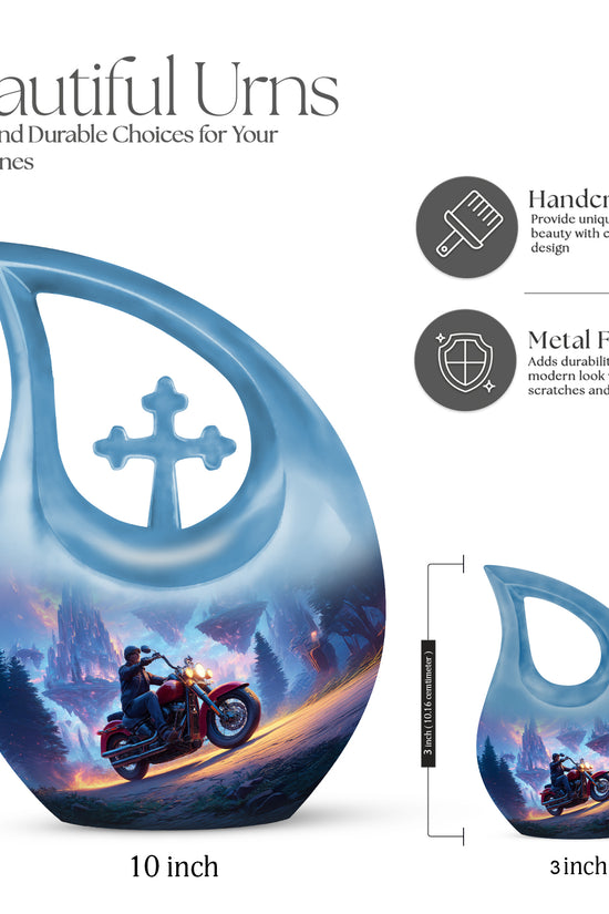 Slate Blue Bike Cremation Urn back view with polished surface - sacred cross merged with bike motif on metal - mini keepsake memorial for portion of cremation ashes