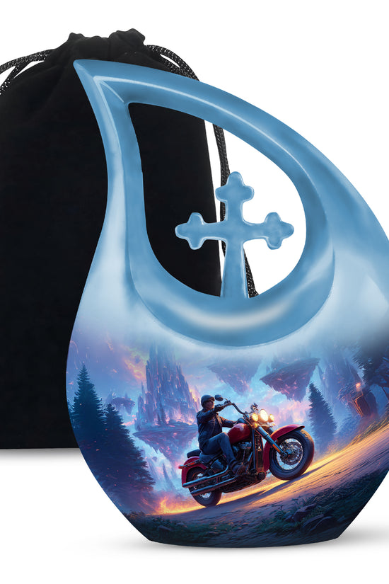 Pastel Blue Bike Cremation Urn top-down view of secure threaded lid - cross and bike combined in spiritual memorial design - full-size 10 inch 200 cubic inch adult cremation urn