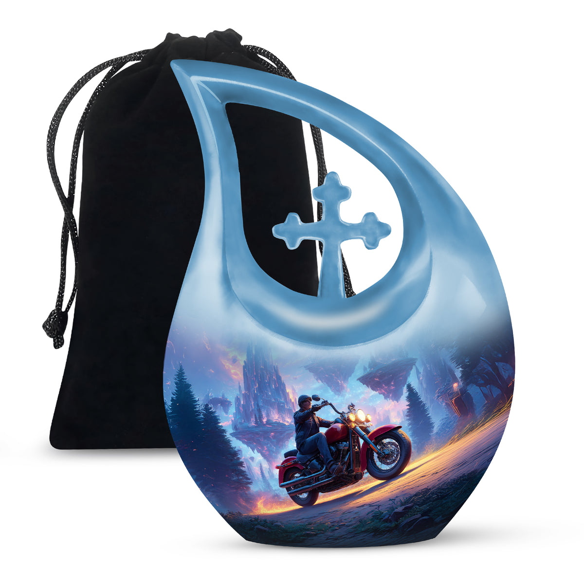 Pastel Blue Bike Cremation Urn top-down view of secure threaded lid - cross and bike combined in spiritual memorial design - full-size 10 inch 200 cubic inch adult cremation urn