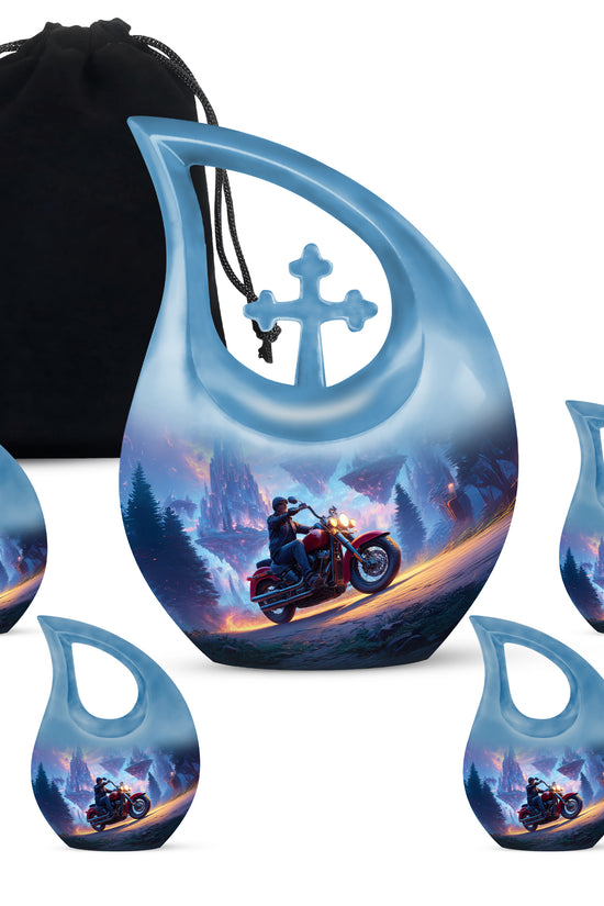 Royal Blue Bike Cremation Urn urn with complimentary velvet bag - faith-inspired cross-drop urn with bike pattern - memorial set with one large and four small urns