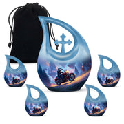 Royal Blue Bike Cremation Urn urn with complimentary velvet bag - faith-inspired cross-drop urn with bike pattern - memorial set with one large and four small urns