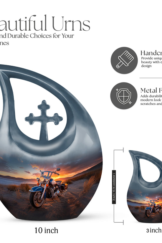 Onyx Black Bike Cremation Urn back view with polished surface - faith-inspired cross-drop urn with bike pattern - mini keepsake memorial for portion of cremation ashes