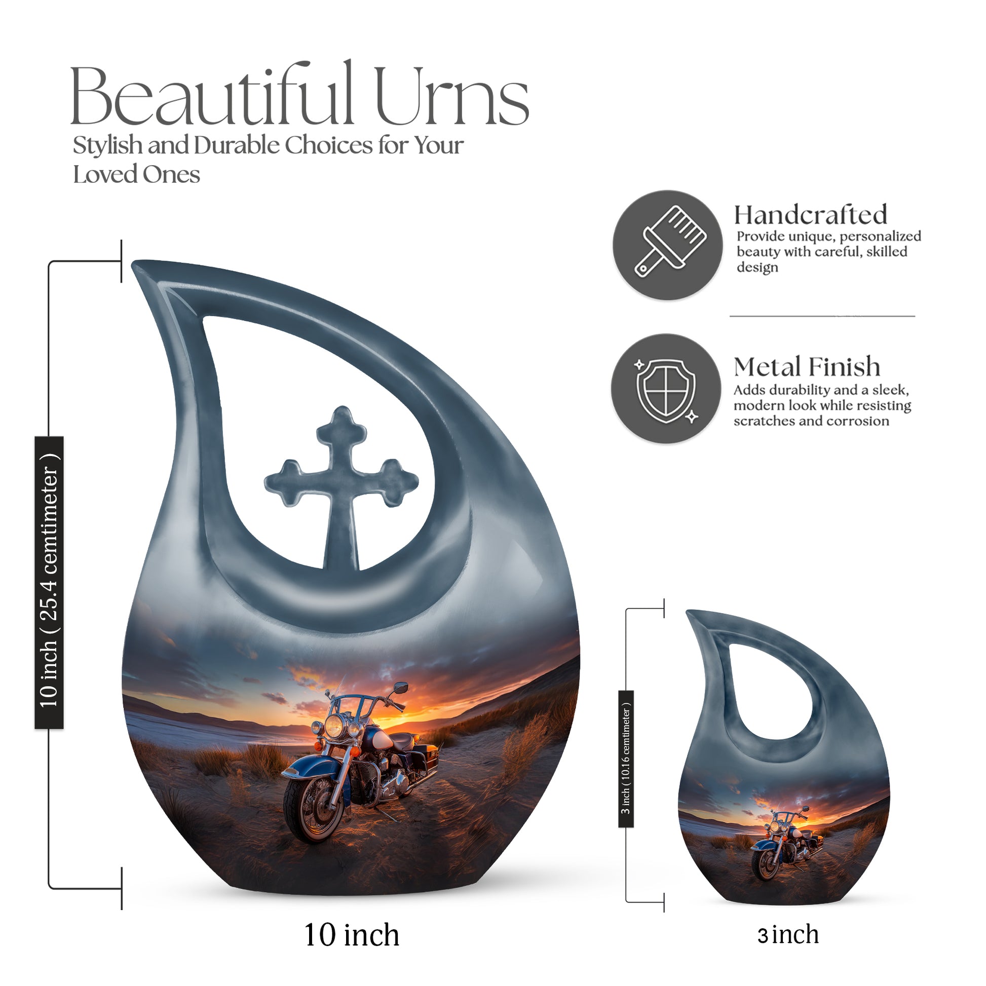 Onyx Black Bike Cremation Urn back view with polished surface - faith-inspired cross-drop urn with bike pattern - mini keepsake memorial for portion of cremation ashes