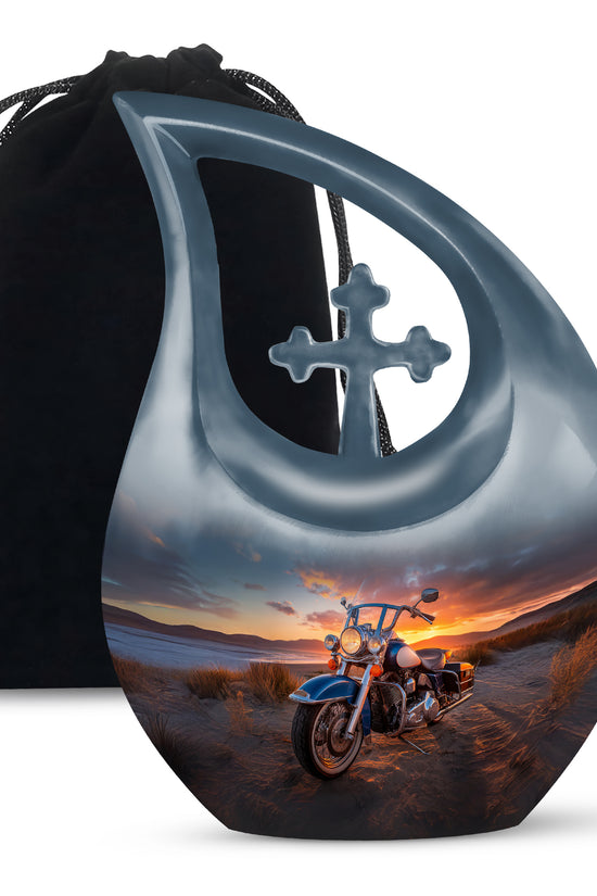 Midnight Black Bike Cremation Urn top-down view of secure threaded lid - devotional cross-drop bike engraving - full-size 10 inch 200 cubic inch adult cremation urn