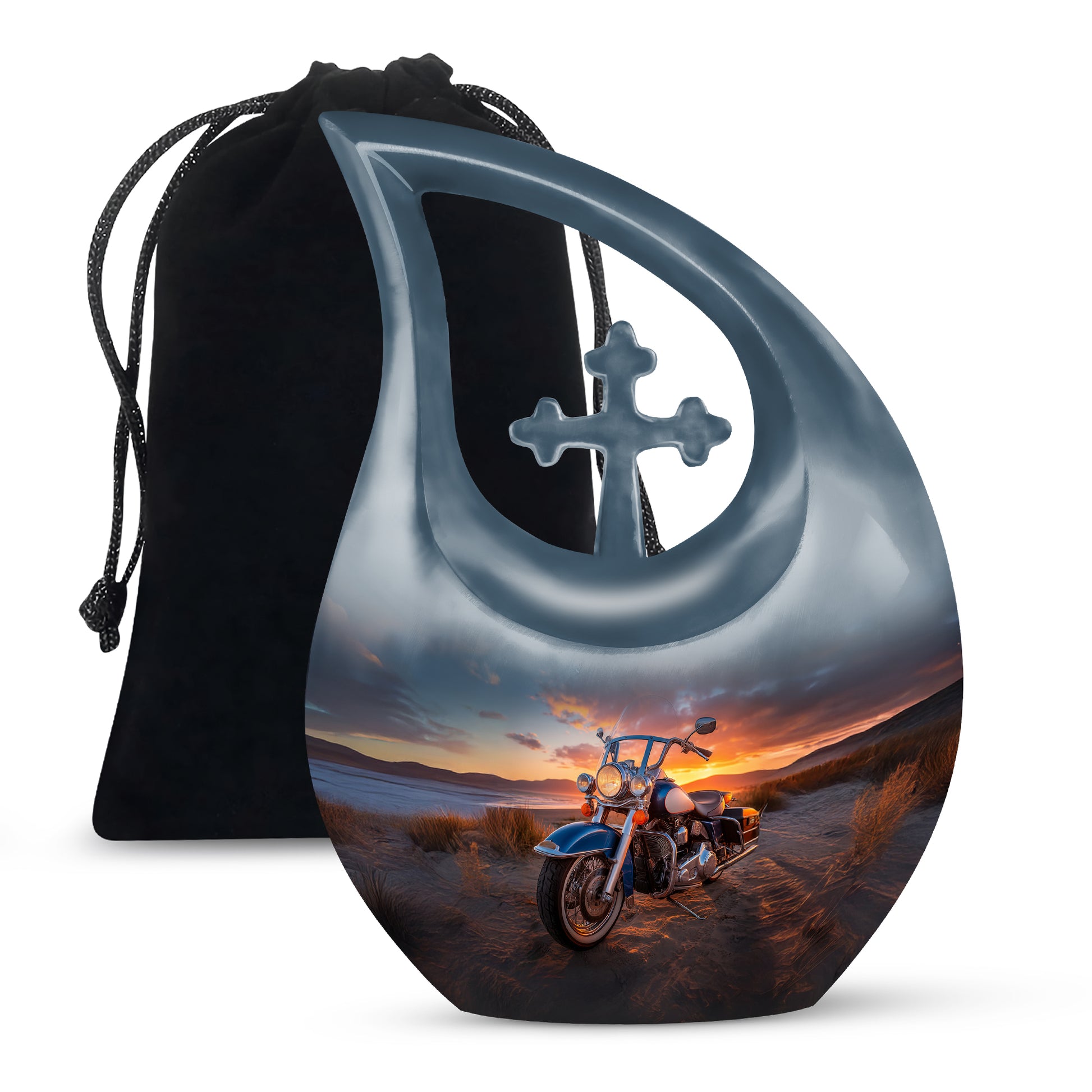 Midnight Black Bike Cremation Urn top-down view of secure threaded lid - devotional cross-drop bike engraving - full-size 10 inch 200 cubic inch adult cremation urn